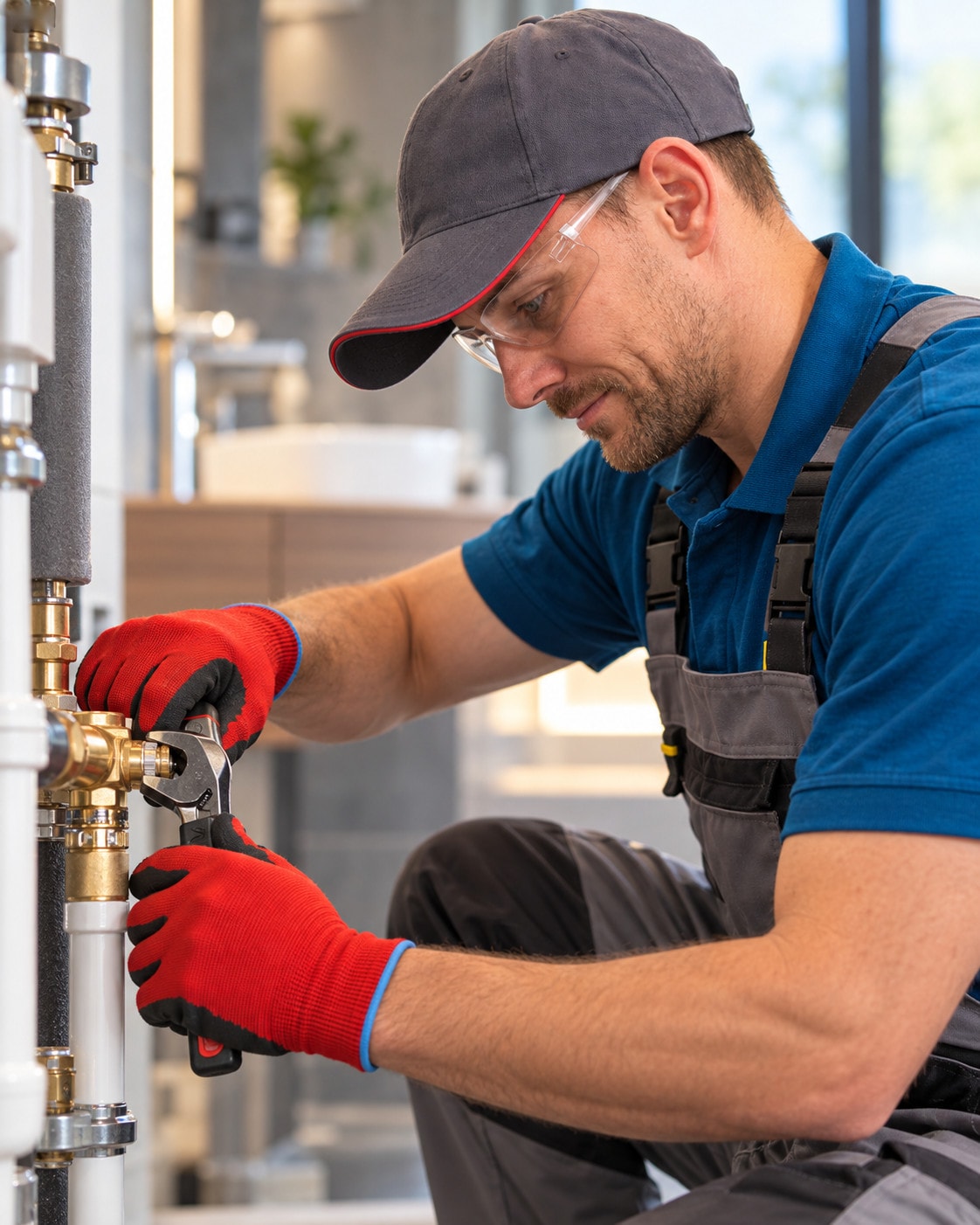 Plumber in a cap and safety glasses tightening a brass pipe fitting