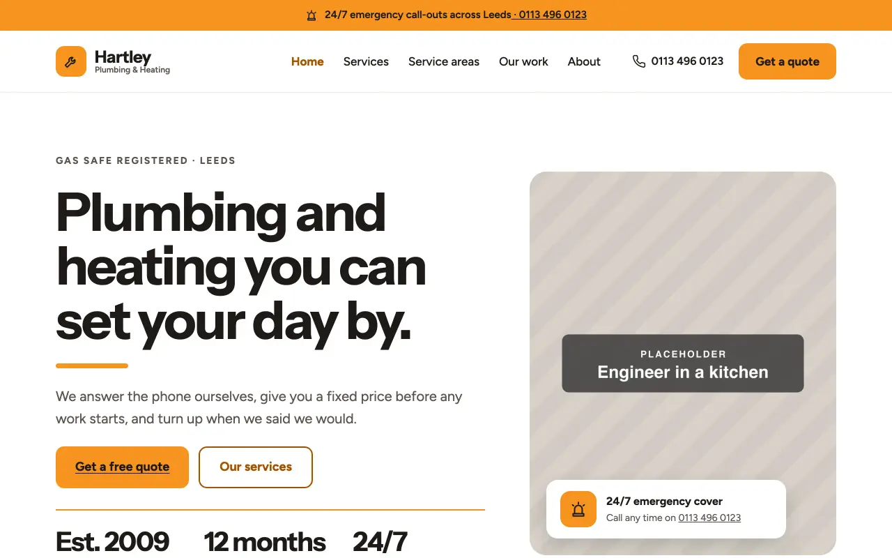 The Tradeline webkit's home page for an example plumber, Hartley Plumbing & Heating